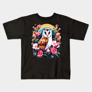 Cute European Barn Owl Surrounded by Bold Vibrant Spring Flowers Kids T-Shirt